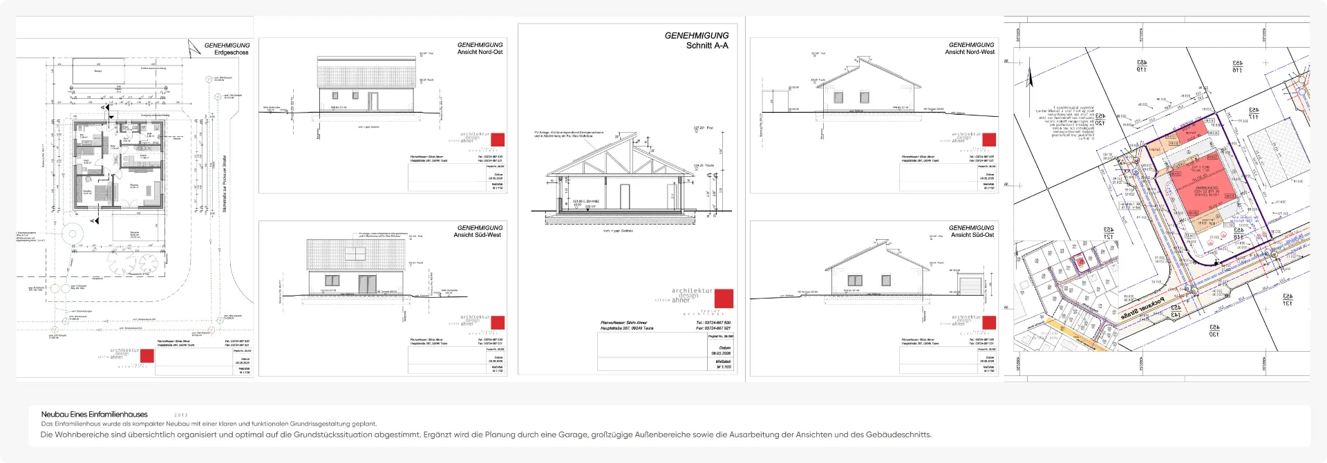 Neubau eines Einfamilienhauses 2013 — Grundriss, Ansichten, Schnitt und Lageplan