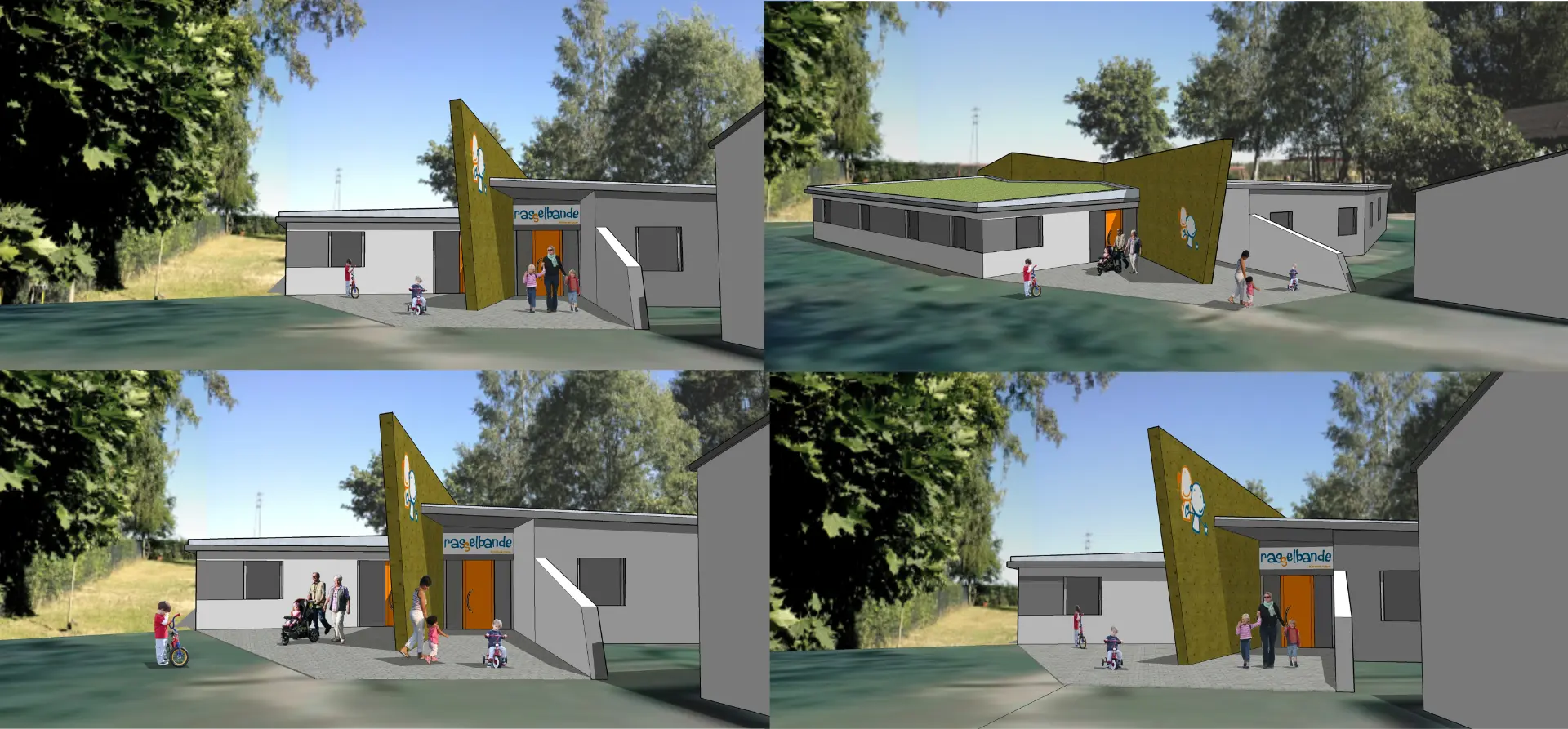 Visualisierungsstudien Kindertagesstätte mit farbigem Vordach