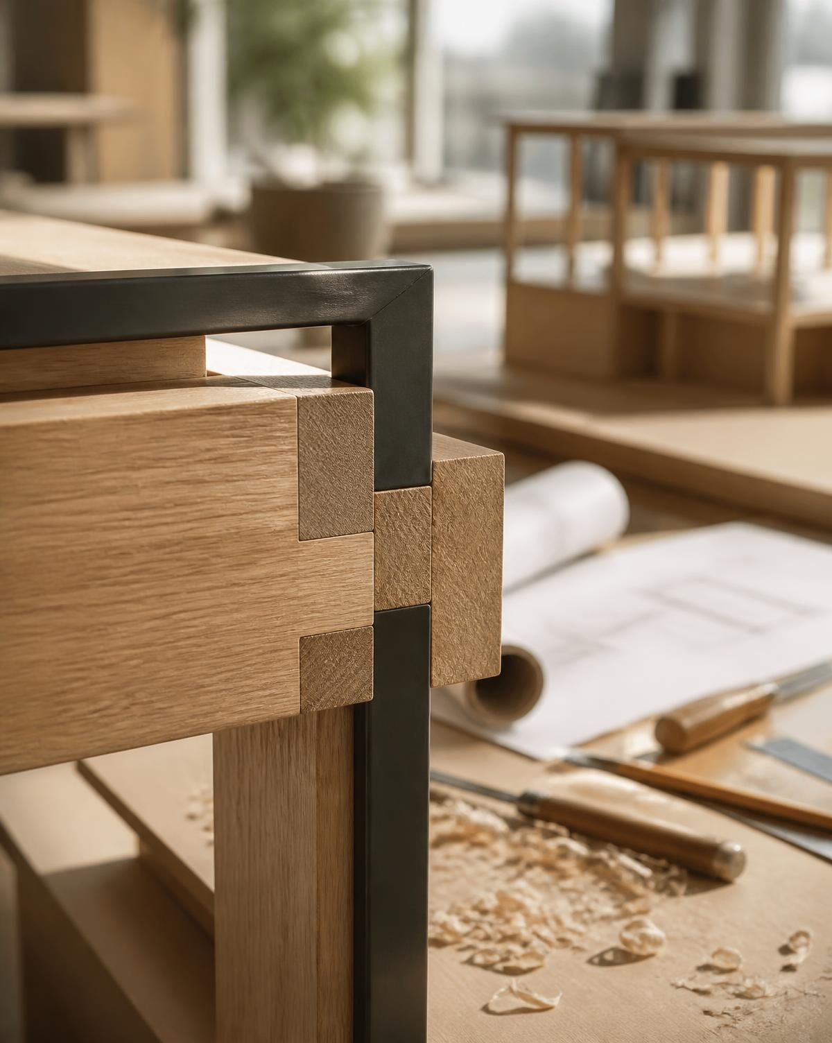 Detail einer Holz-Stahl-Verbindung im Atelier von Silvio Ahner