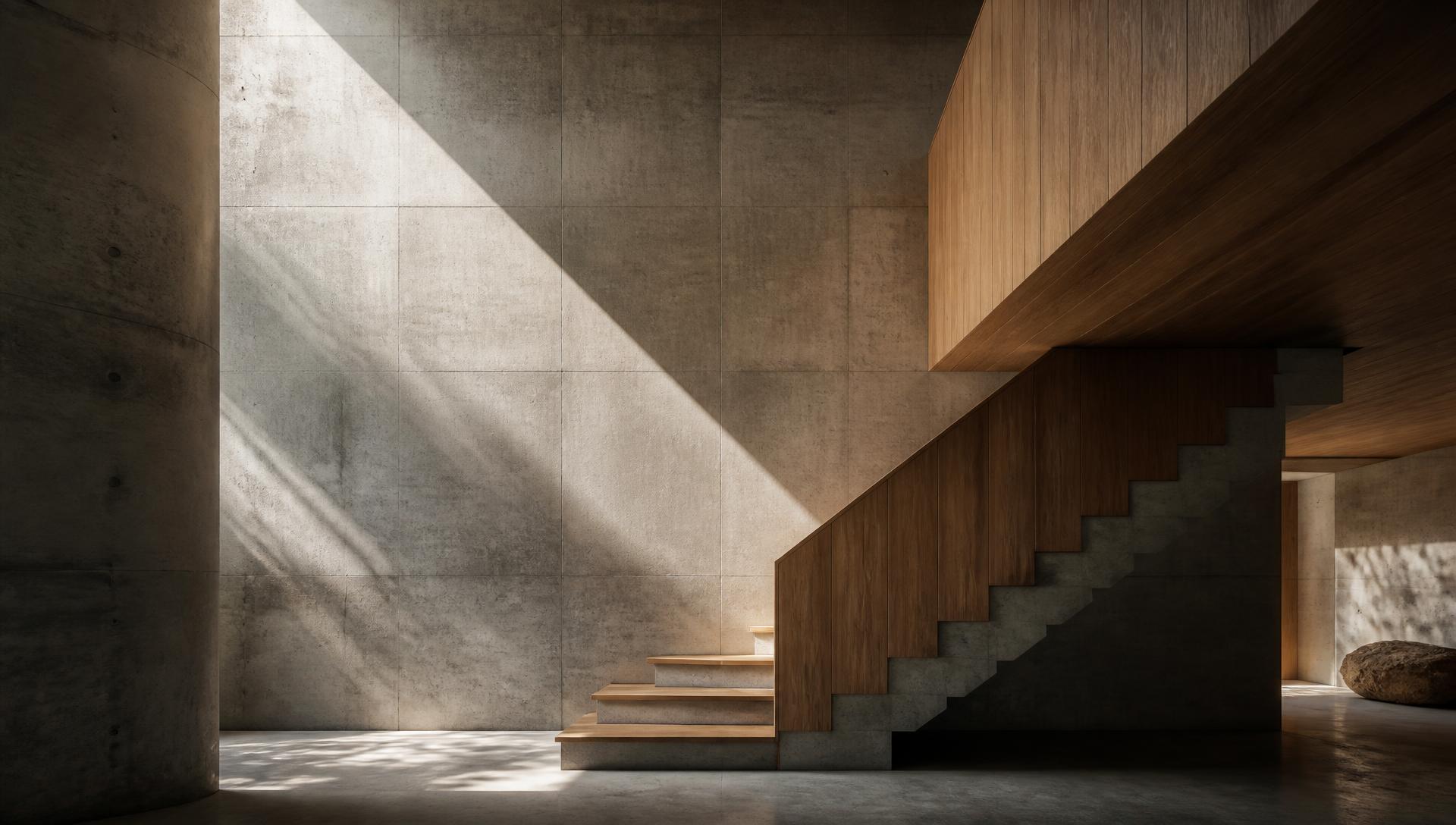 Treppenraum aus Sichtbeton und Eiche mit einfallendem Tageslicht